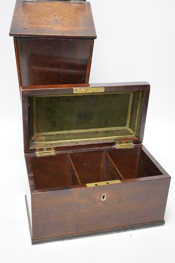 A late 18th century mahogany tea caddy and a similar candle box, 52cm. Condition - fair